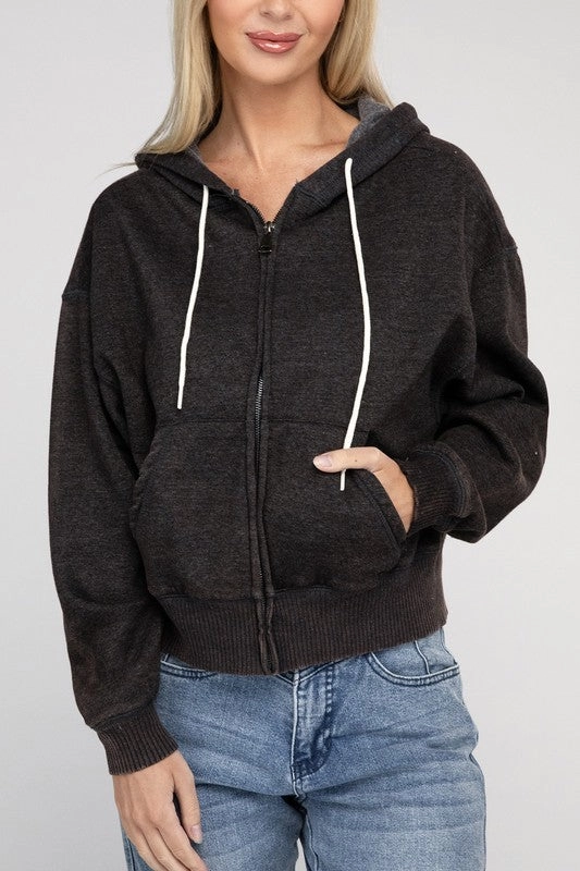 Acid Wash Fleece Cropped Zip-Up Hoodie by Zenana