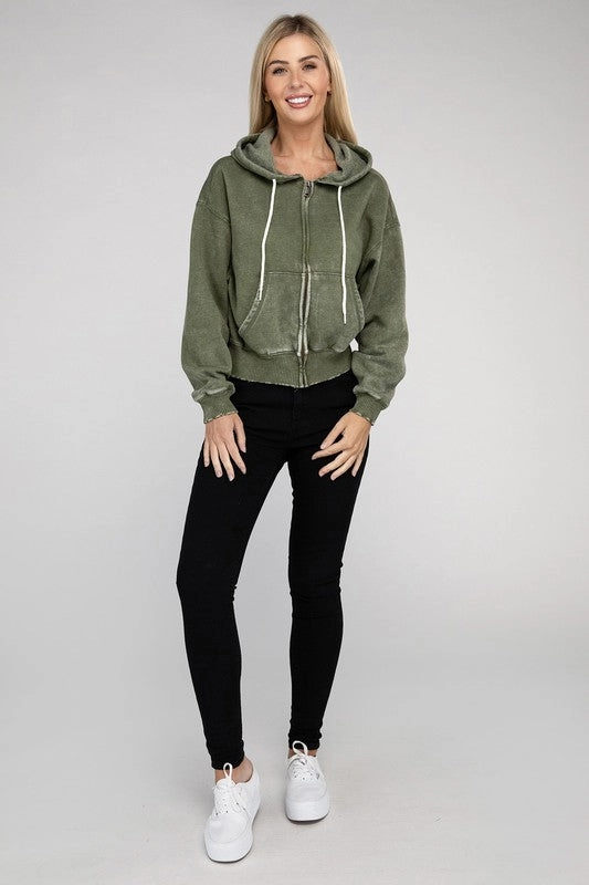 Acid Wash Fleece Cropped Zip-Up Hoodie by Zenana