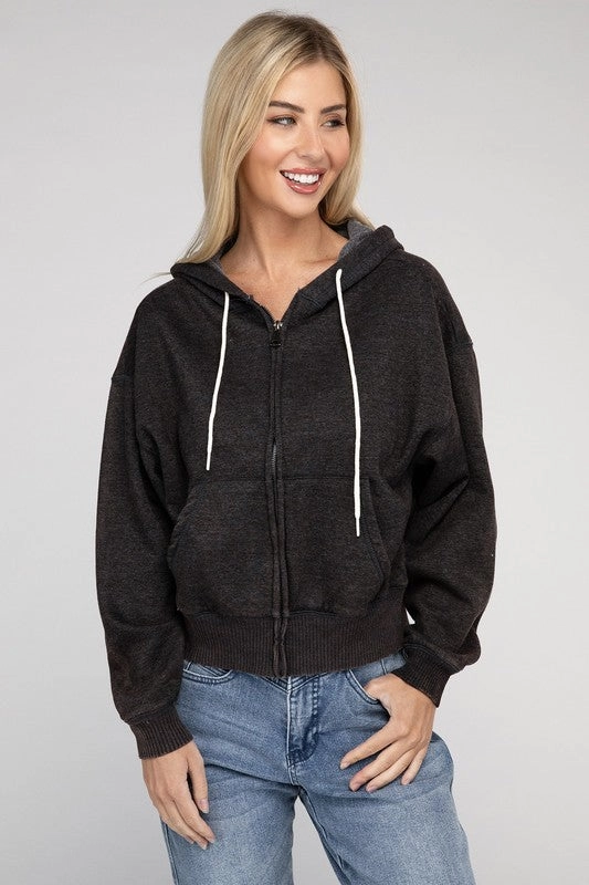 Acid Wash Fleece Cropped Zip-Up Hoodie by Zenana