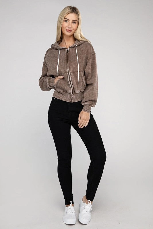 Acid Wash Fleece Cropped Zip-Up Hoodie by Zenana