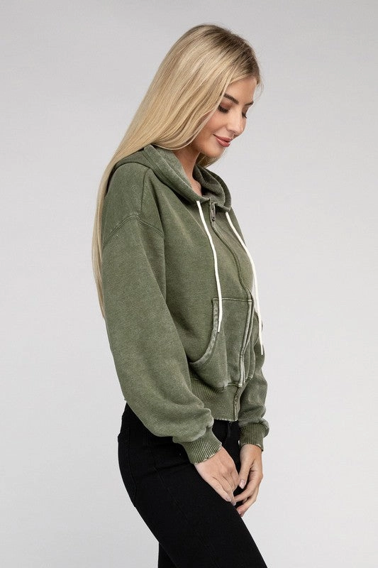 Acid Wash Fleece Cropped Zip-Up Hoodie by Zenana
