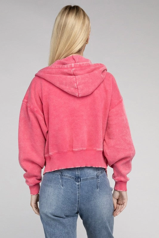 Acid Wash Fleece Cropped Zip-Up Hoodie by Zenana