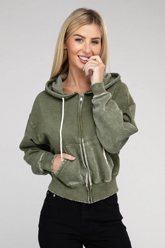 Acid Wash Fleece Cropped Zip-Up Hoodie by Zenana