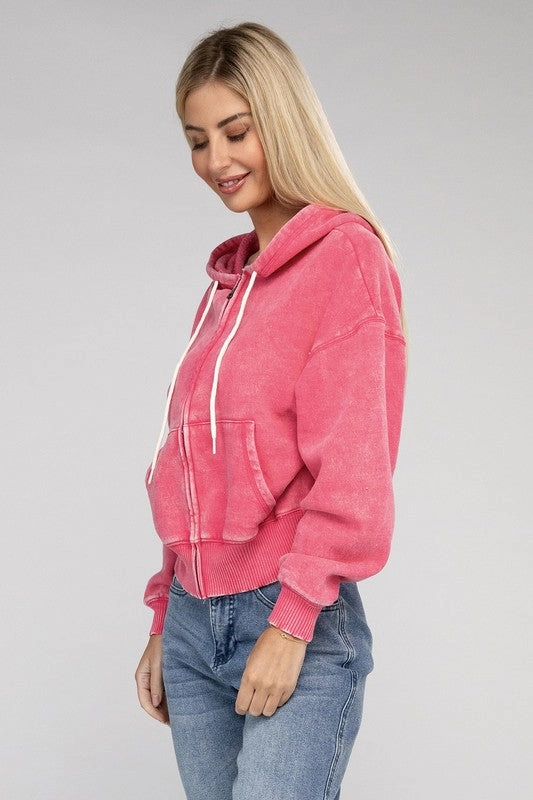 Acid Wash Fleece Cropped Zip-Up Hoodie by Zenana