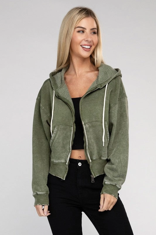 Acid Wash Fleece Cropped Zip-Up Hoodie by Zenana