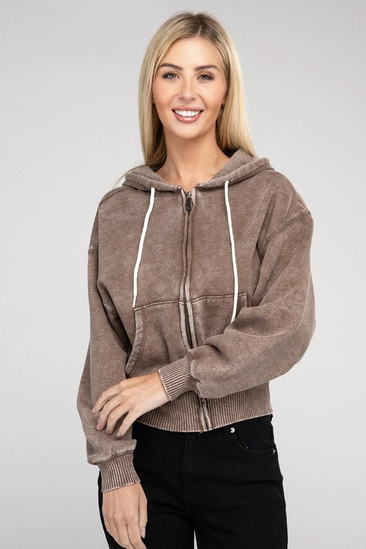 Acid Wash Fleece Cropped Zip-Up Hoodie by Zenana