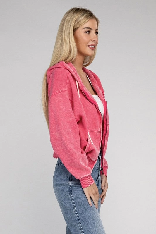 Acid Wash Fleece Cropped Zip-Up Hoodie by Zenana