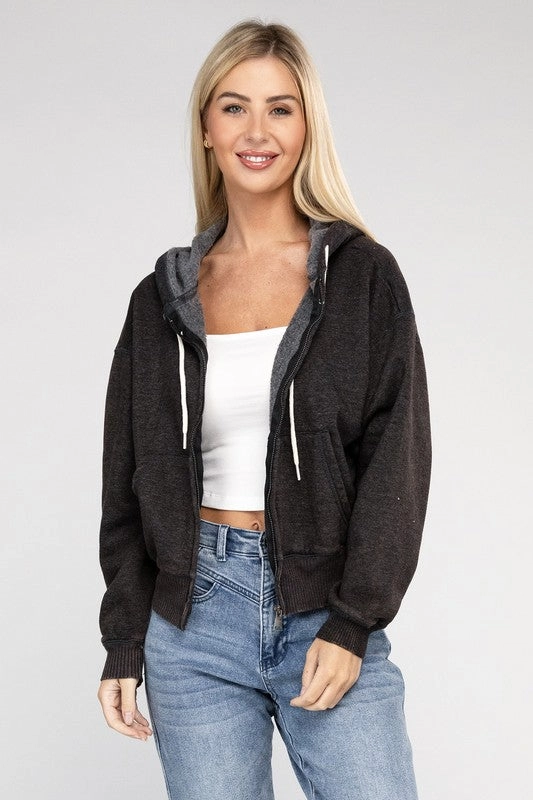 Acid Wash Fleece Cropped Zip-Up Hoodie by Zenana