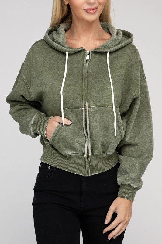 Acid Wash Fleece Cropped Zip-Up Hoodie by Zenana