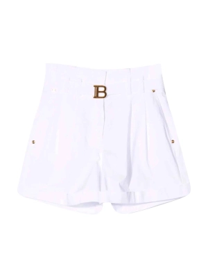Balmain Kids Logo Buckle Belted Denim Shorts