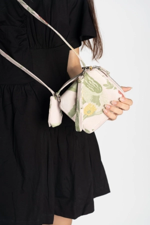 BIRD BROCADE WALLET BAG WITH FEATHER STRAP