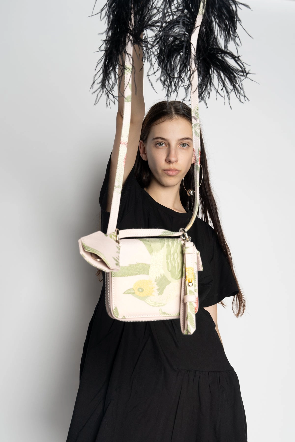 BIRD BROCADE WALLET BAG WITH FEATHER STRAP