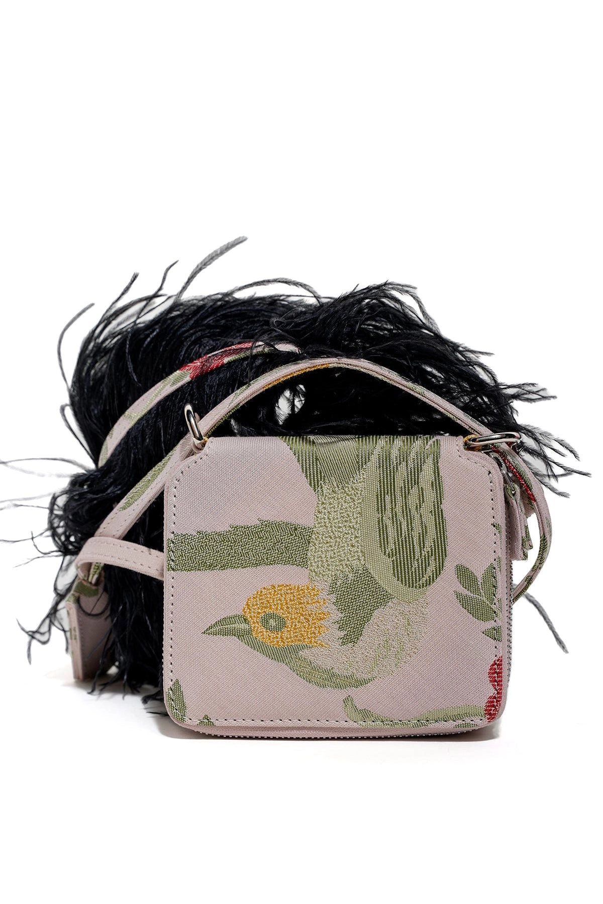 BIRD BROCADE WALLET BAG WITH FEATHER STRAP