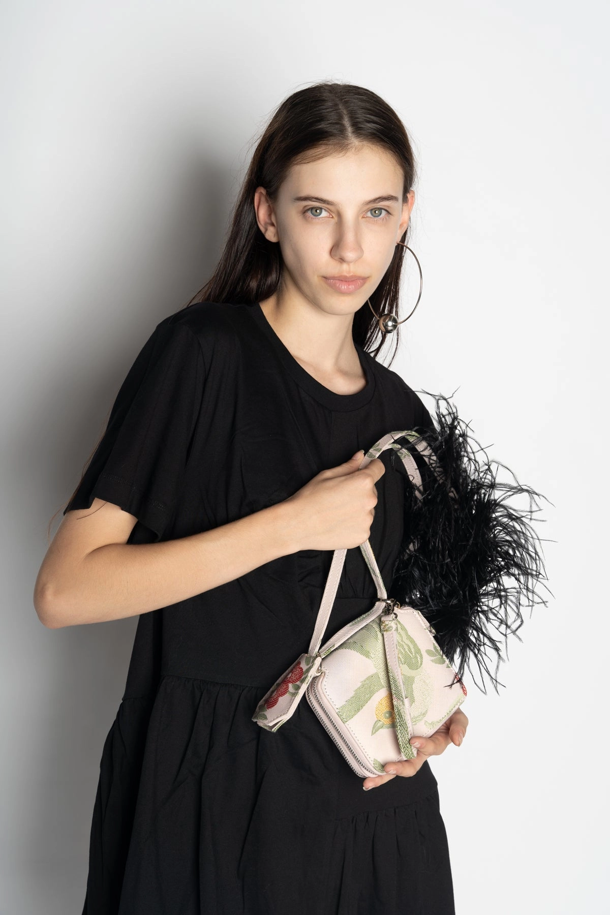 BIRD BROCADE WALLET BAG WITH FEATHER STRAP