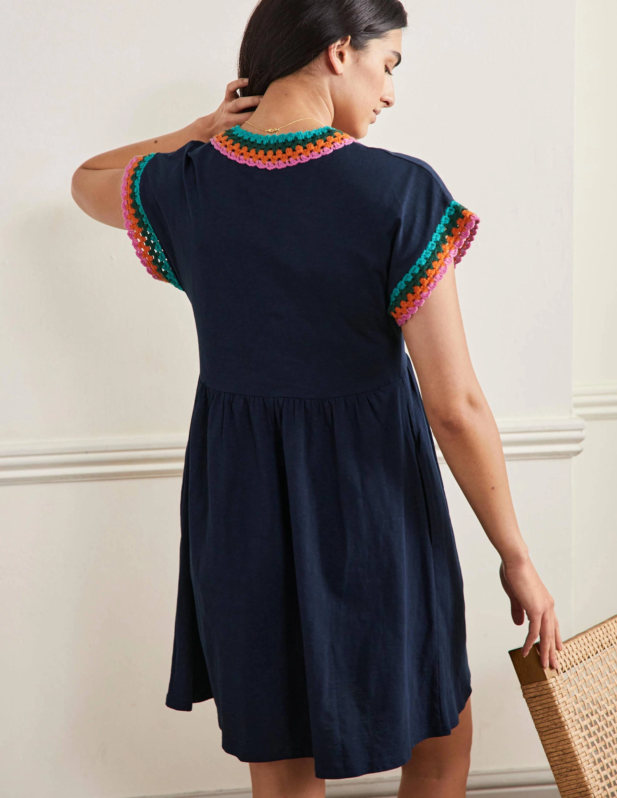 Crochet Trim Jersey Dress-Navy