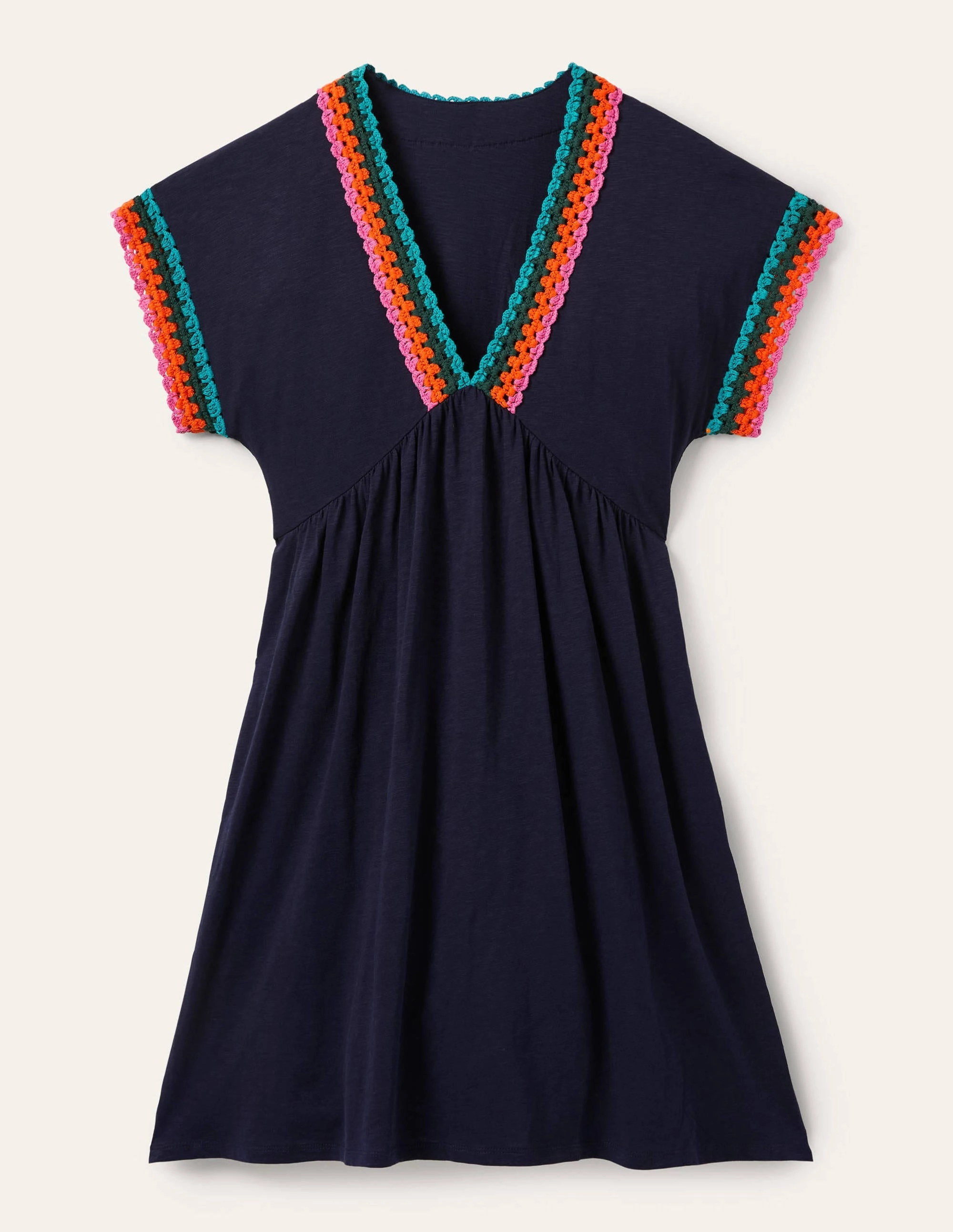 Crochet Trim Jersey Dress-Navy