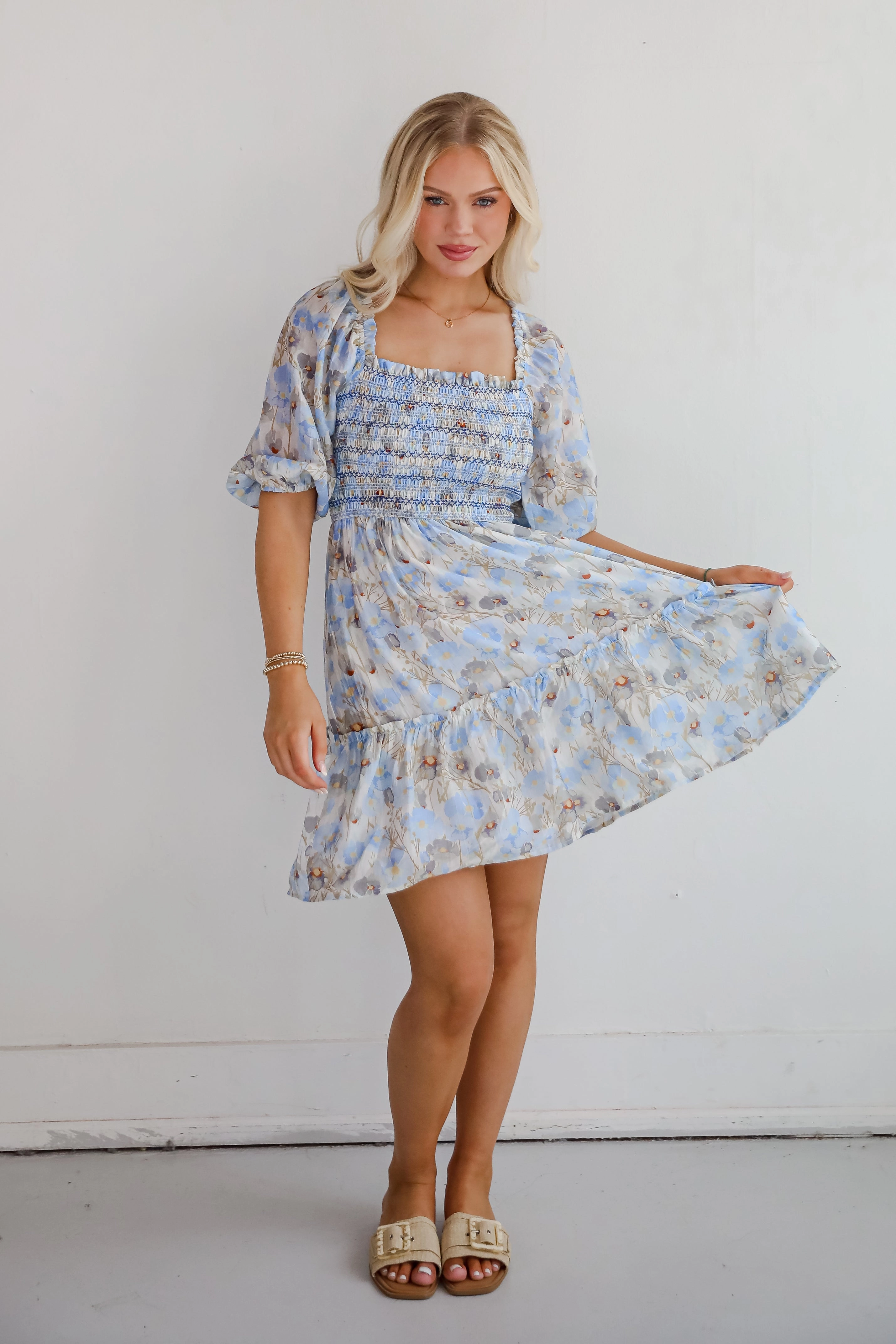 Cute Objective Light Blue Floral Smocked Mini Dress