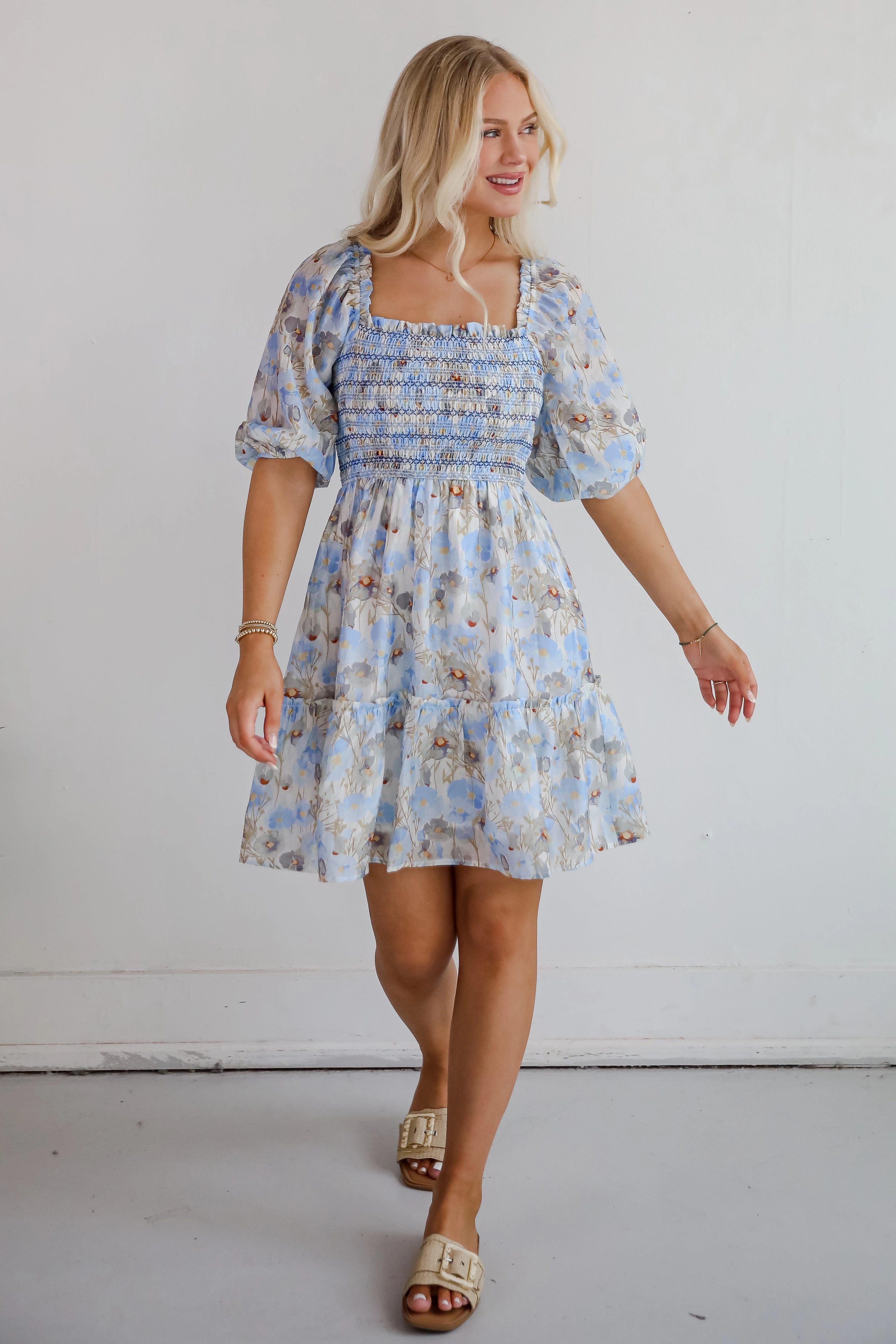 Cute Objective Light Blue Floral Smocked Mini Dress