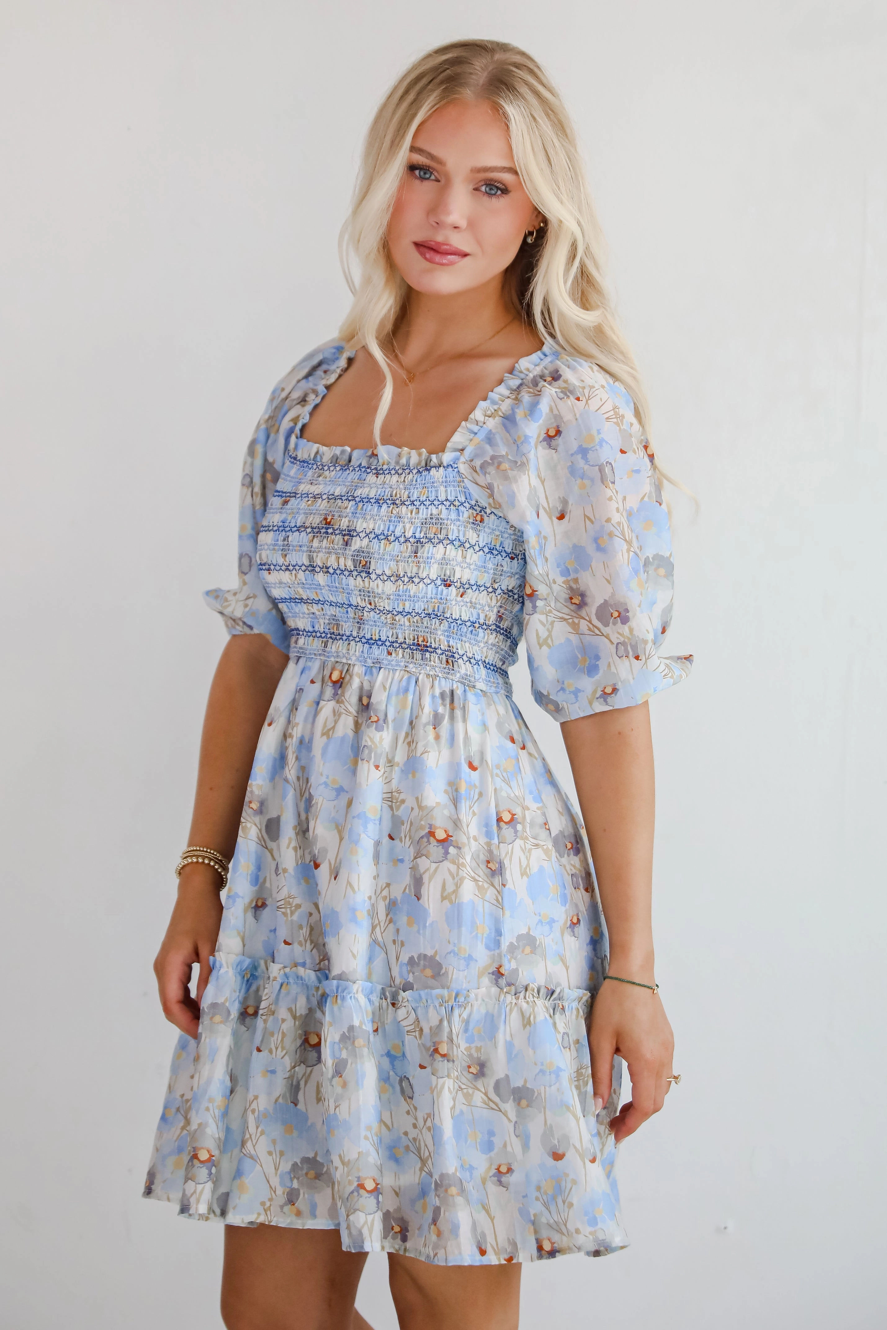 Cute Objective Light Blue Floral Smocked Mini Dress