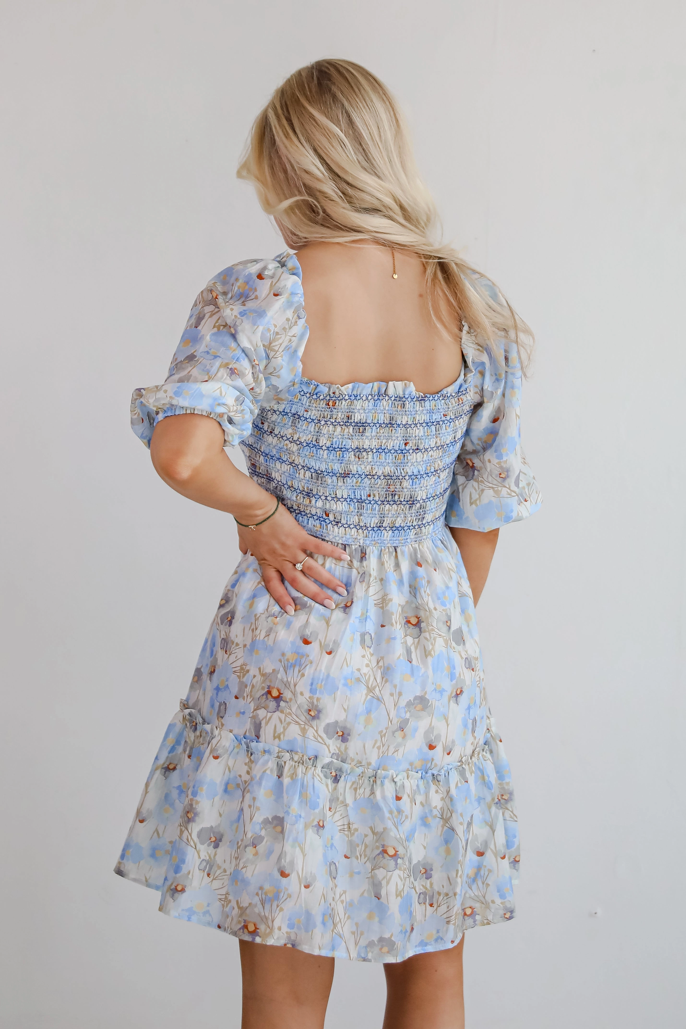Cute Objective Light Blue Floral Smocked Mini Dress