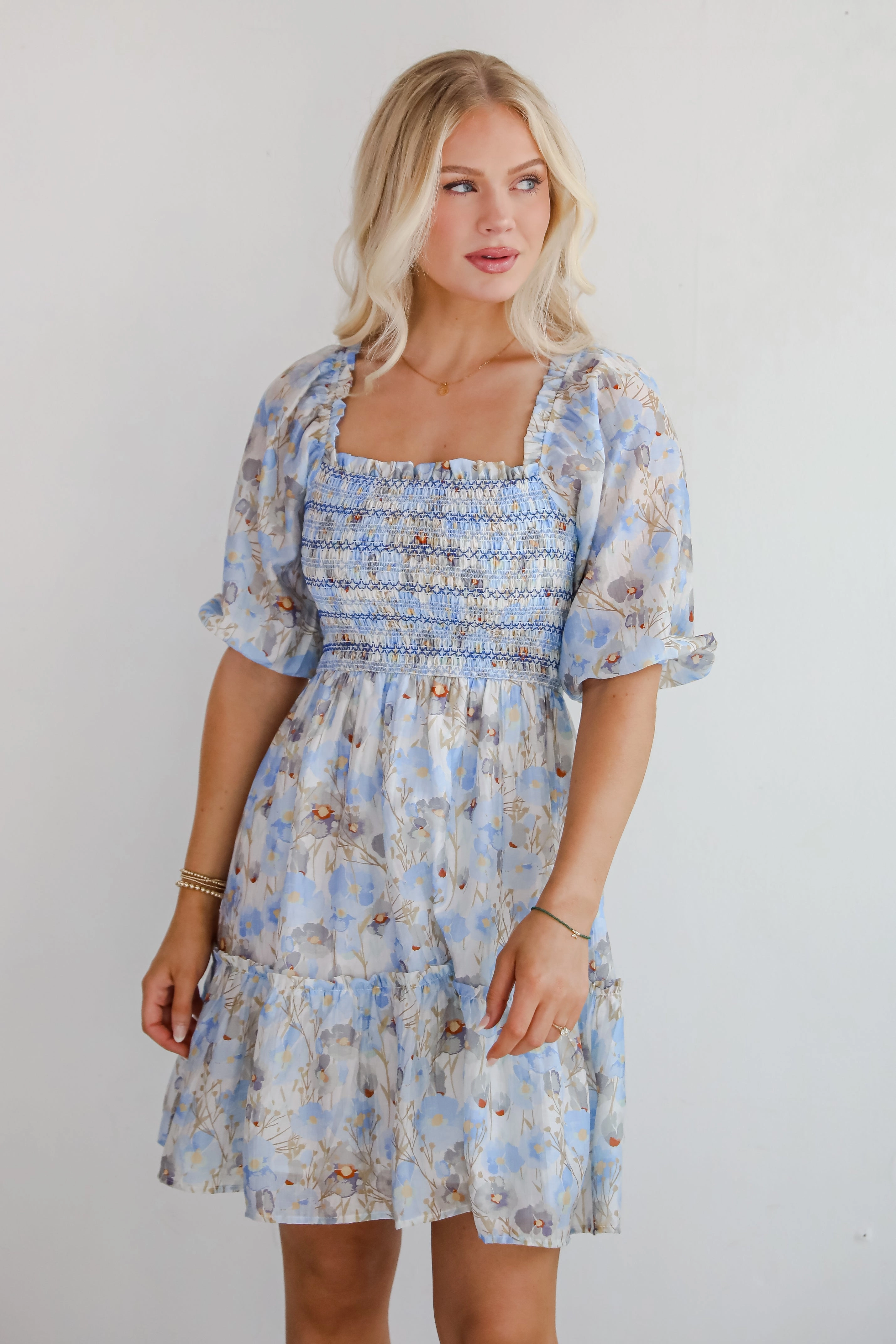 Cute Objective Light Blue Floral Smocked Mini Dress