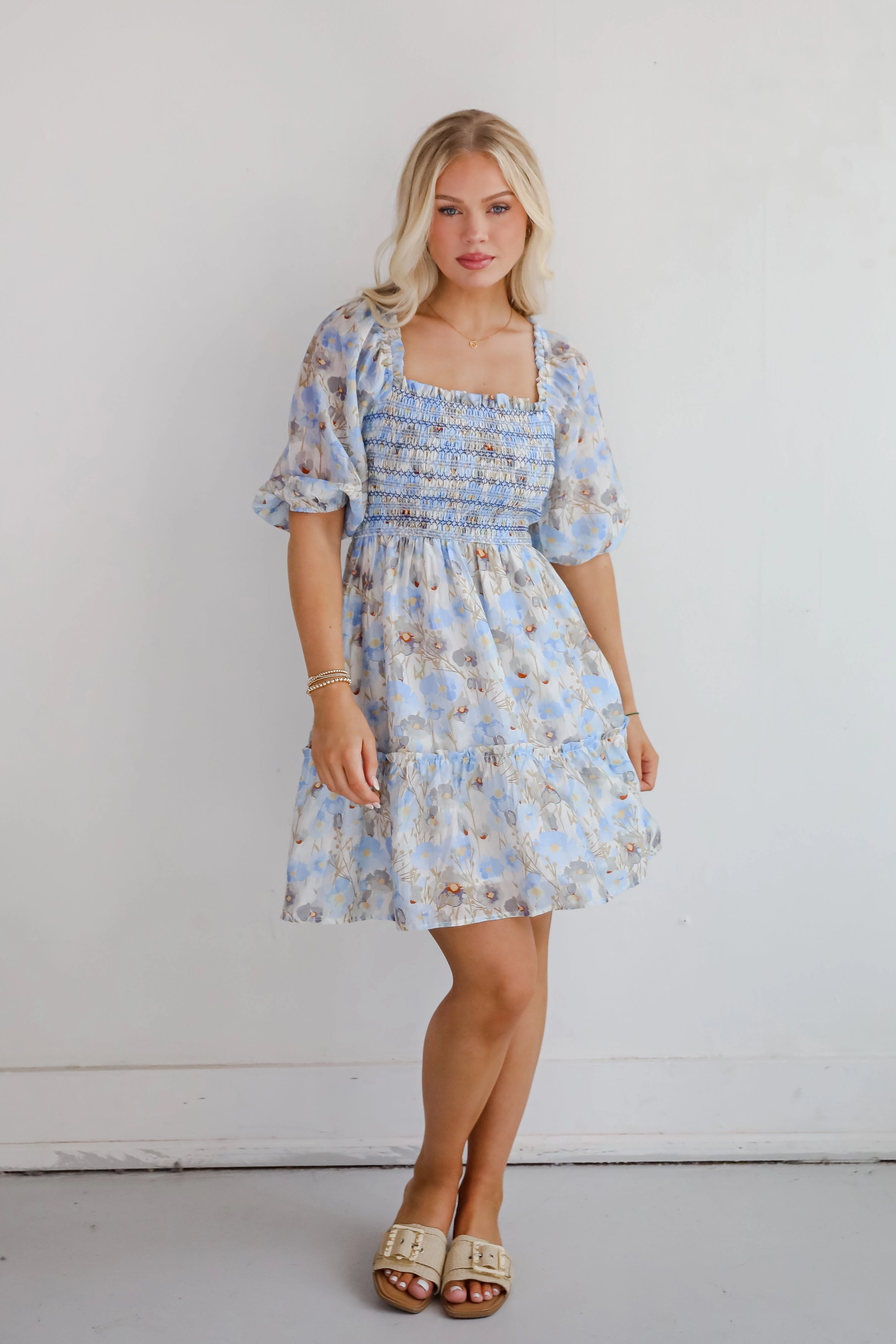 Cute Objective Light Blue Floral Smocked Mini Dress