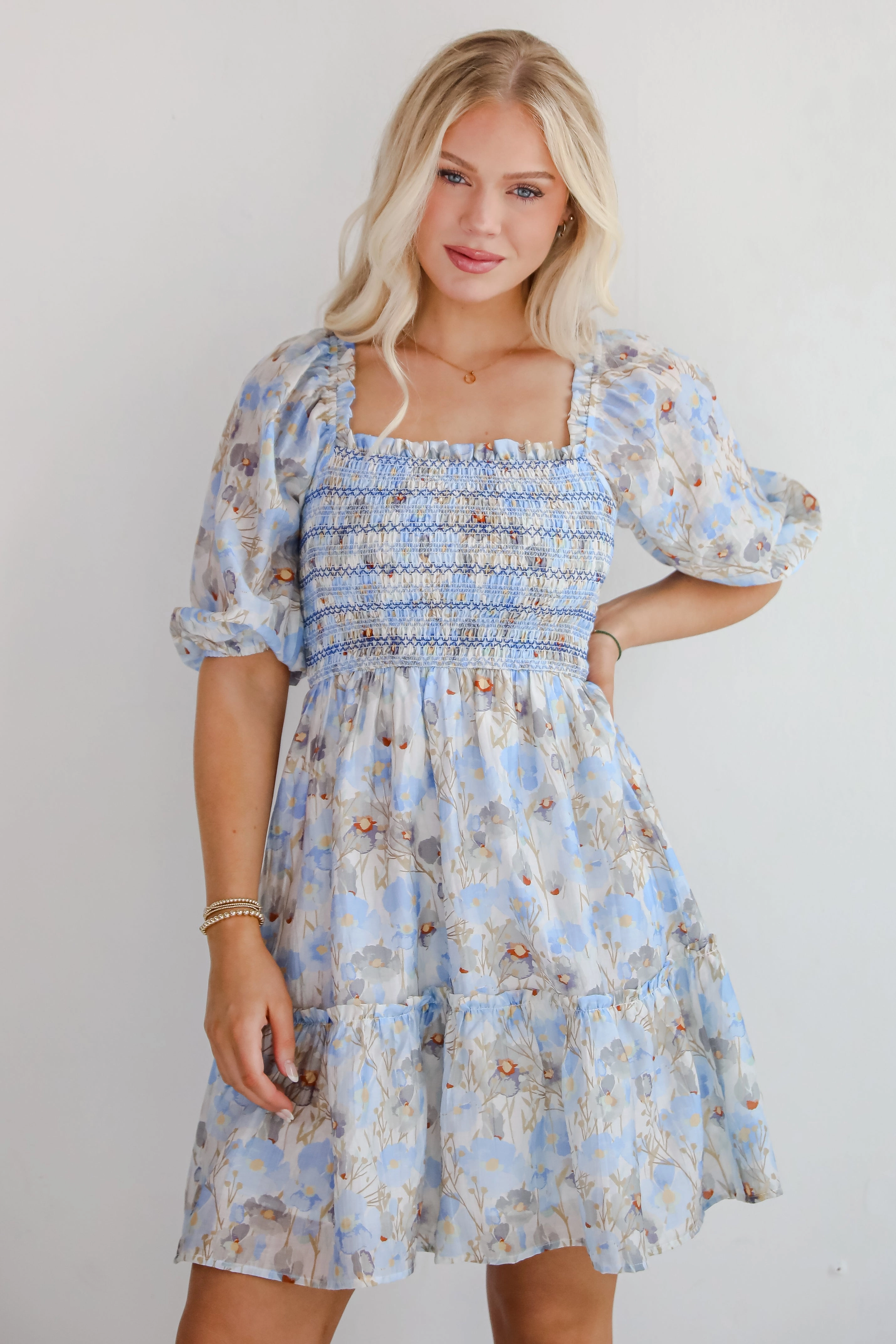 Cute Objective Light Blue Floral Smocked Mini Dress