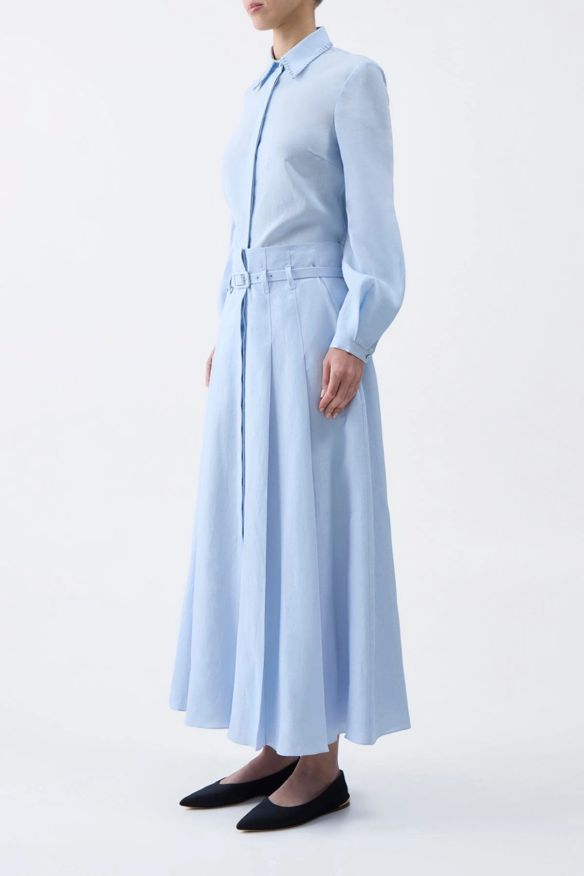 Dugald Pleated Midi Skirt in Light Blue Aloe Linen