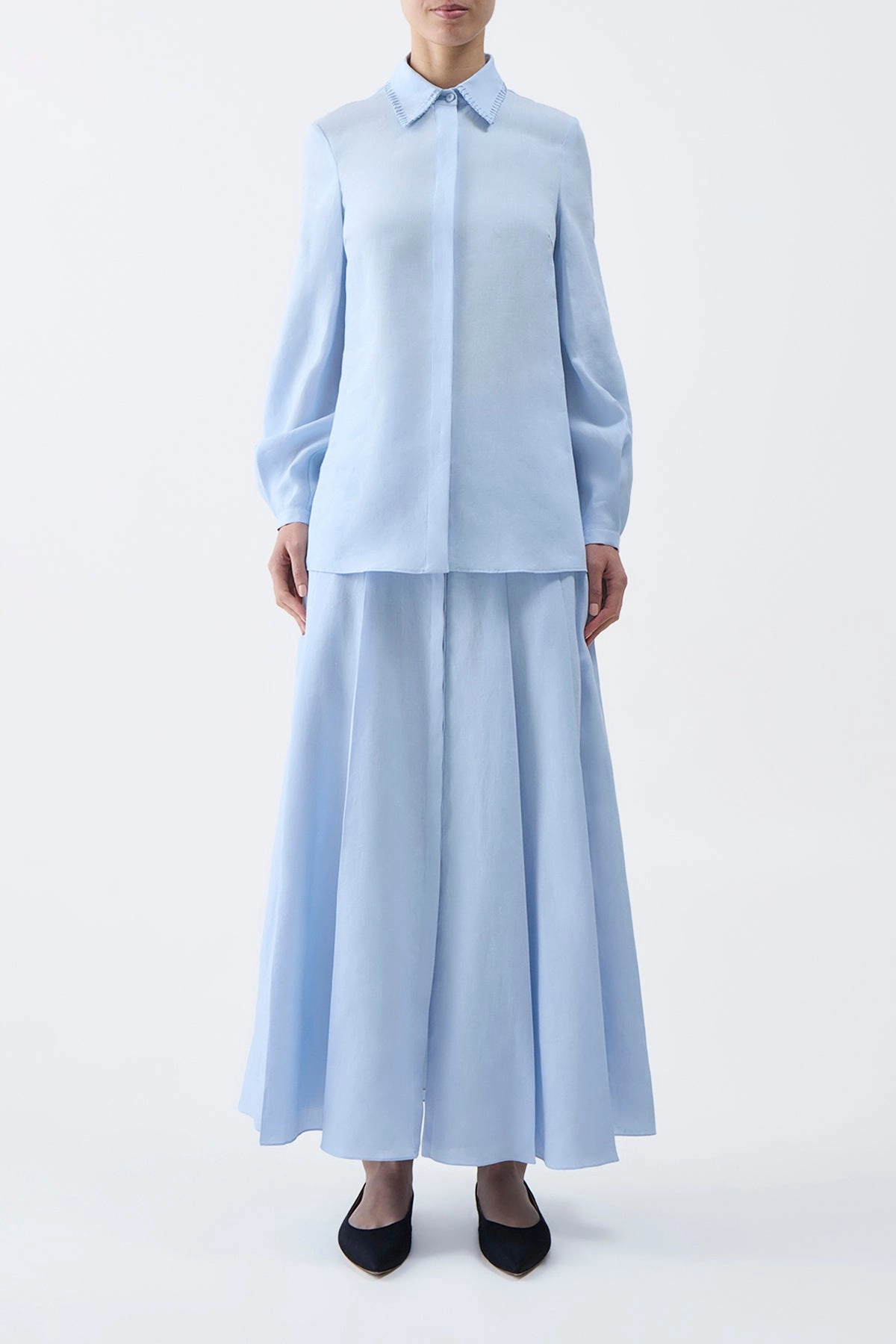Dugald Pleated Midi Skirt in Light Blue Aloe Linen