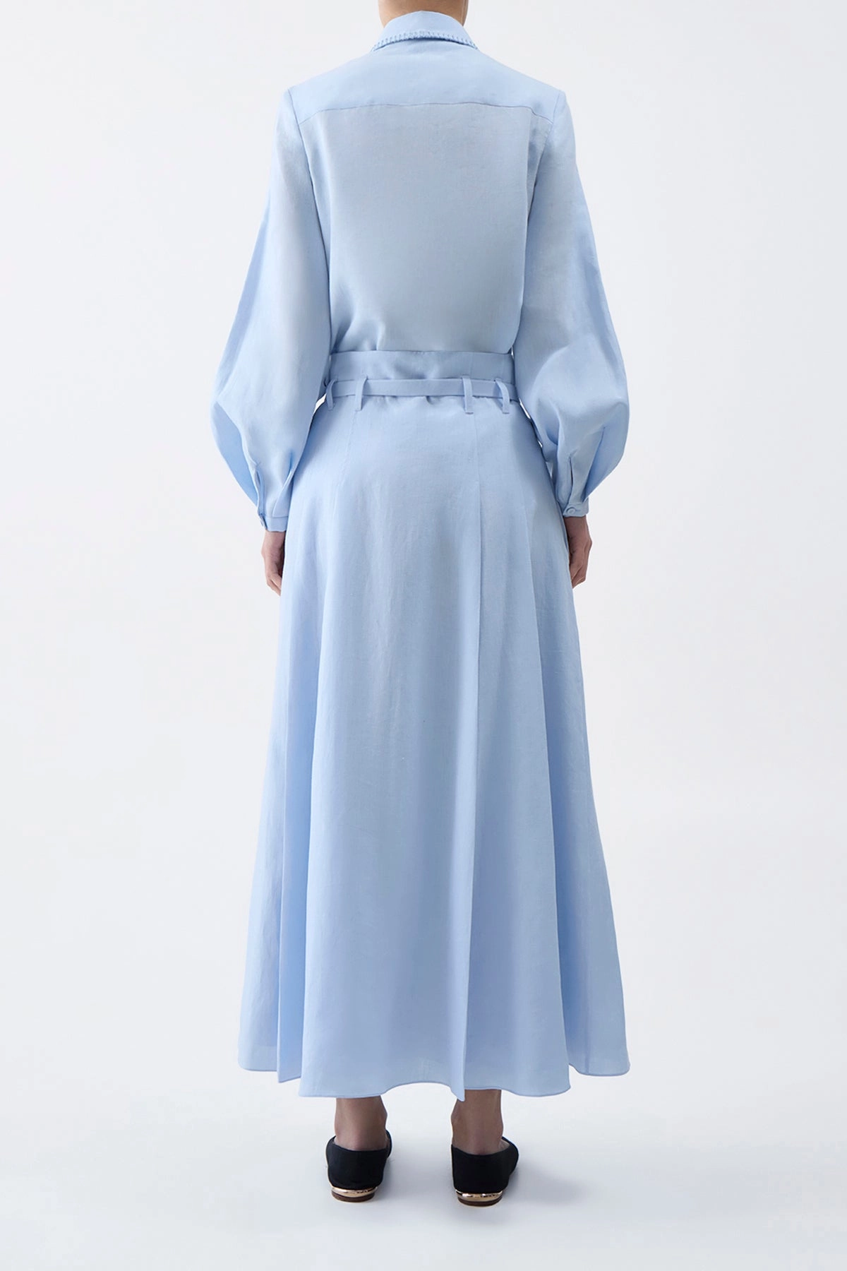 Dugald Pleated Midi Skirt in Light Blue Aloe Linen
