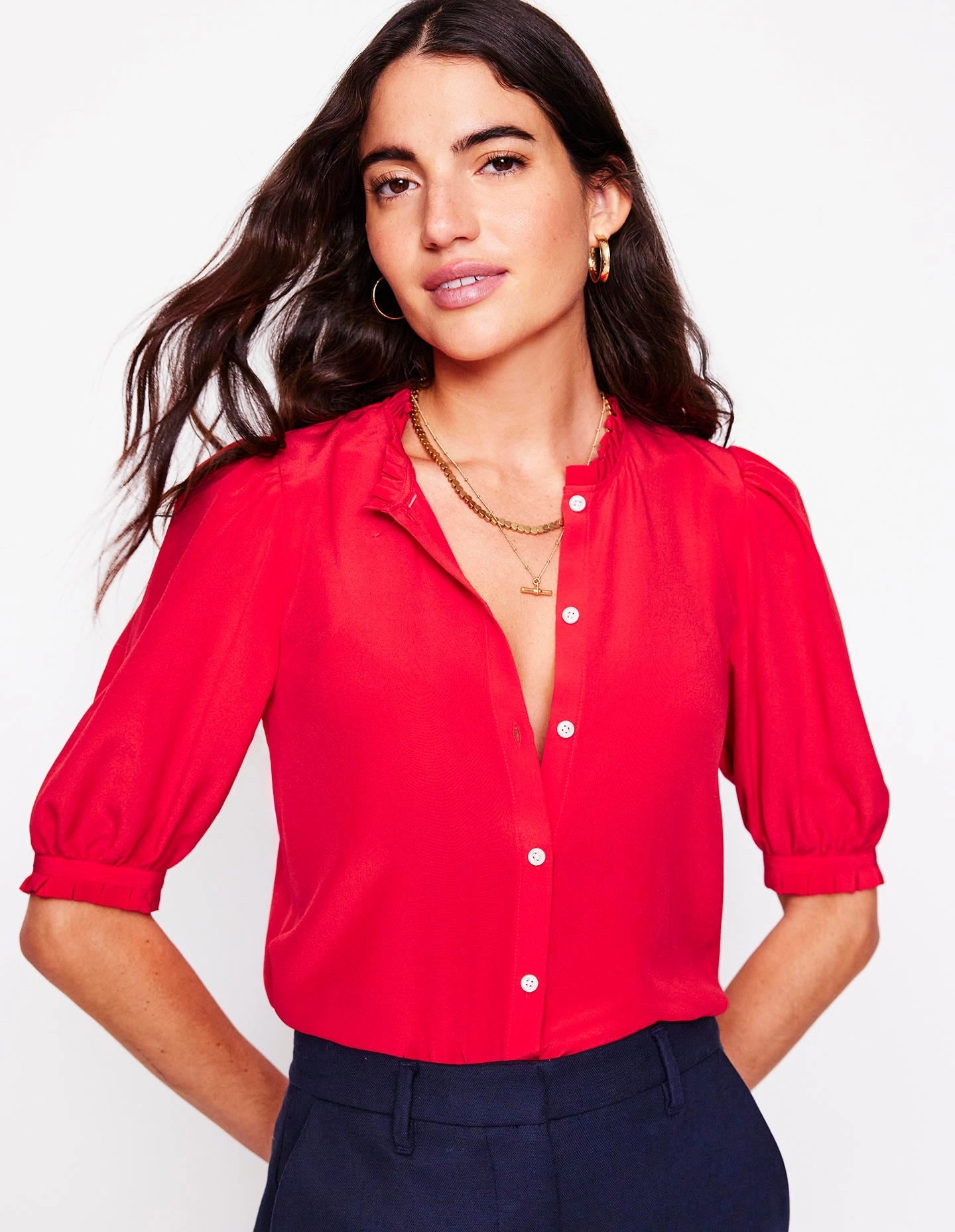 Frill Detail Silk Top-Poppy Red