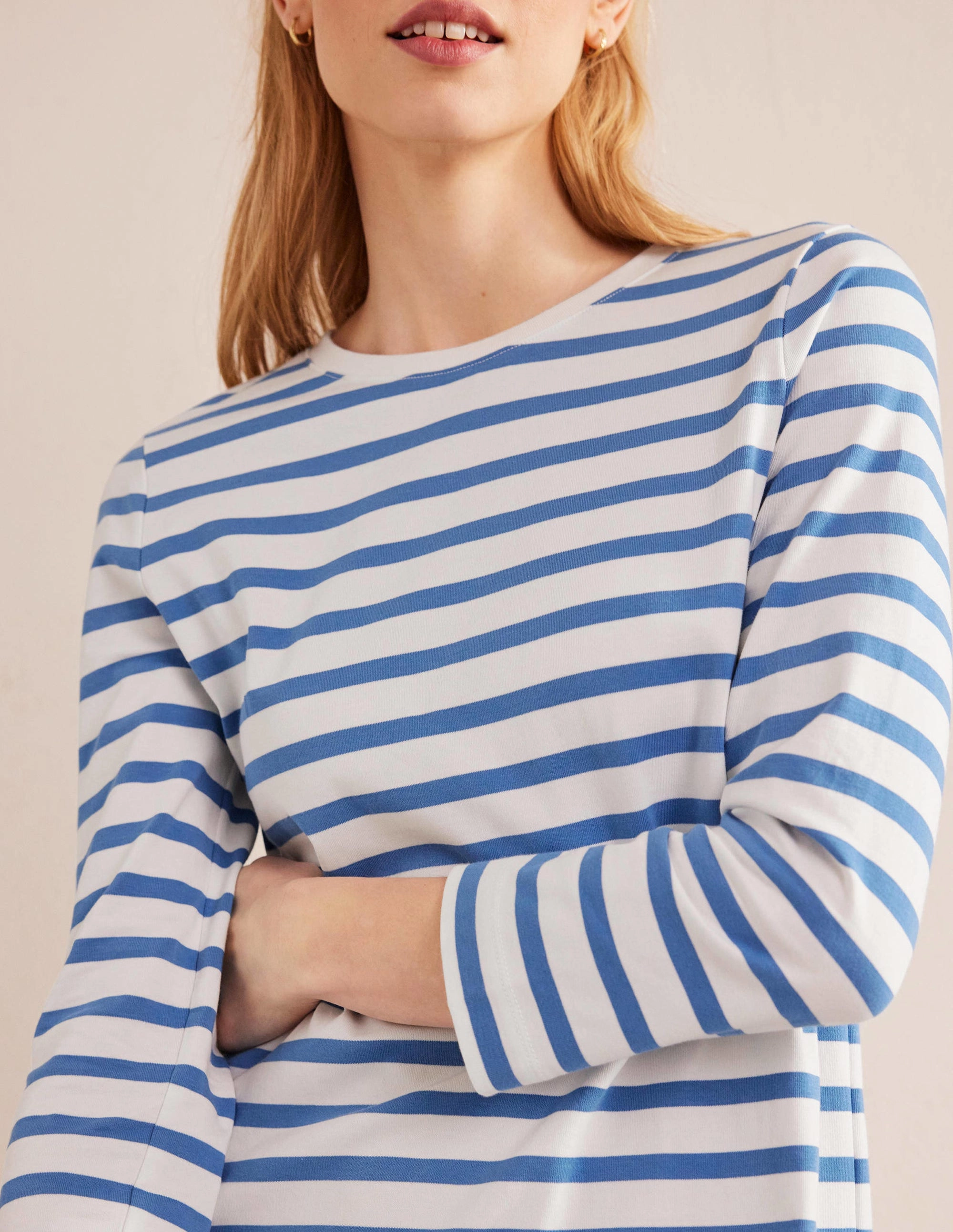 Jersey Mini T-Shirt Dress-Ivory and Blue Stripe