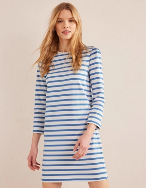 Jersey Mini T-Shirt Dress-Ivory and Blue Stripe