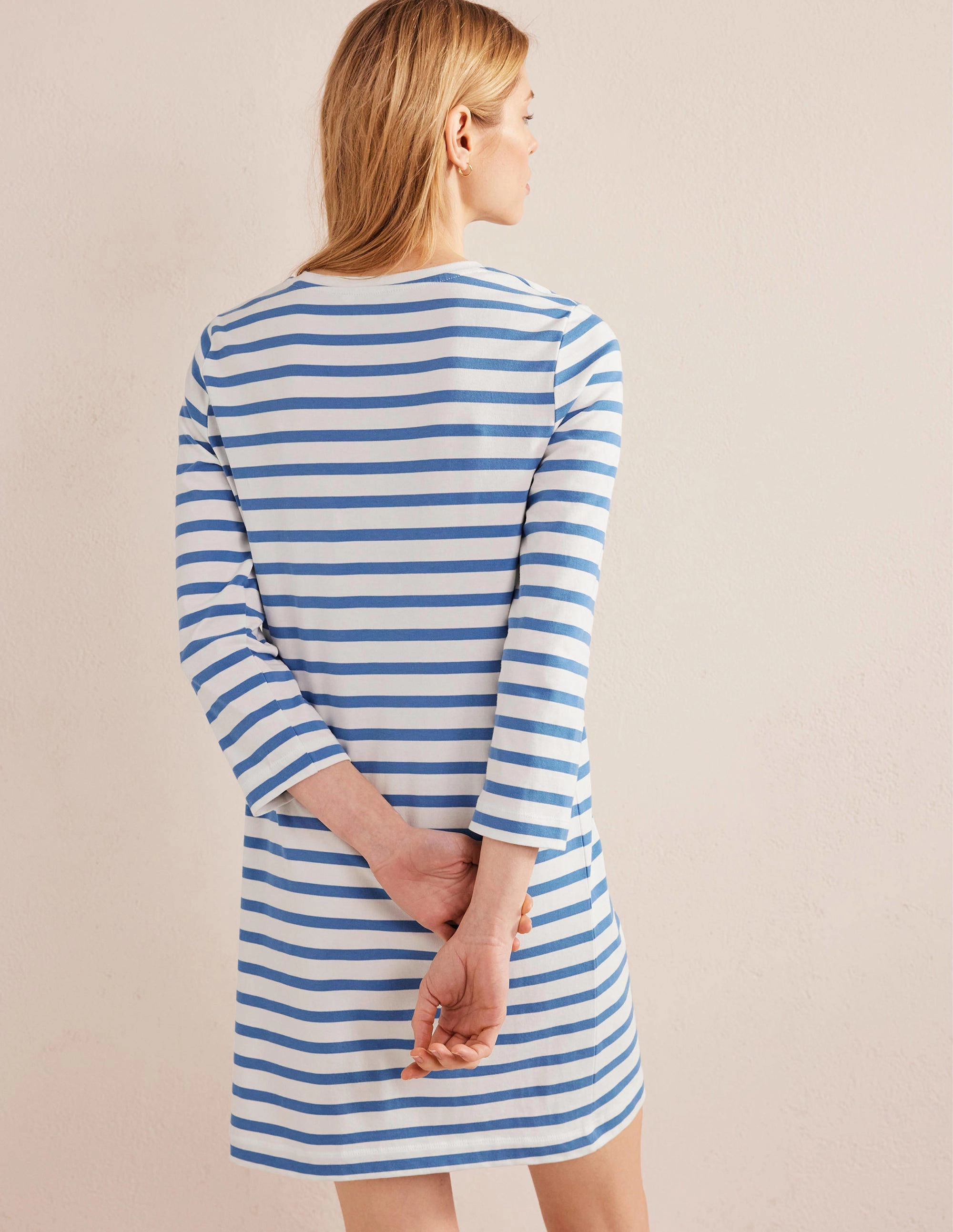 Jersey Mini T-Shirt Dress-Ivory and Blue Stripe