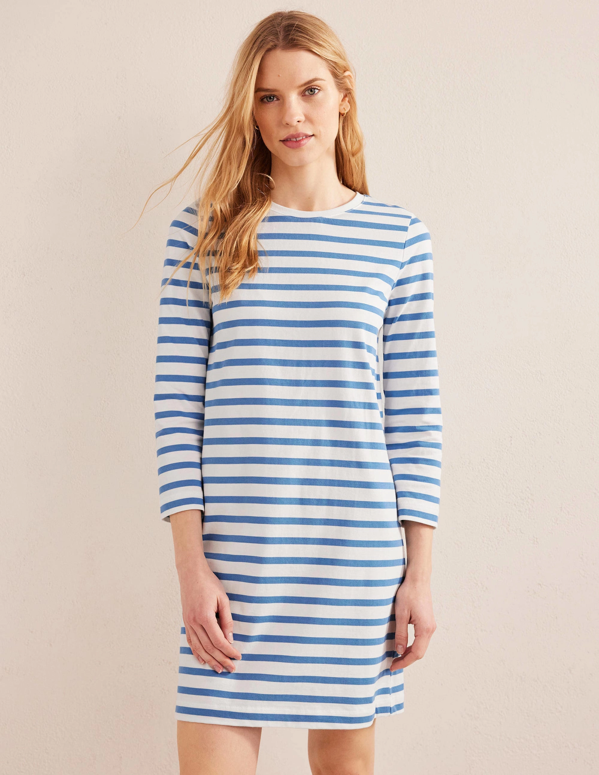 Jersey Mini T-Shirt Dress-Ivory and Blue Stripe