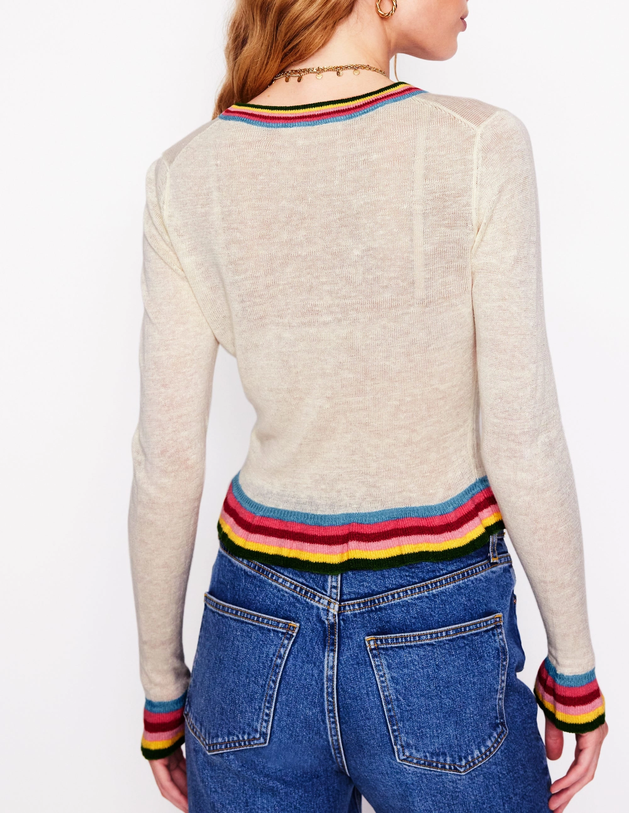 Josie Cropped Linen Cardigan-Warm Ivory. Multi Stripe