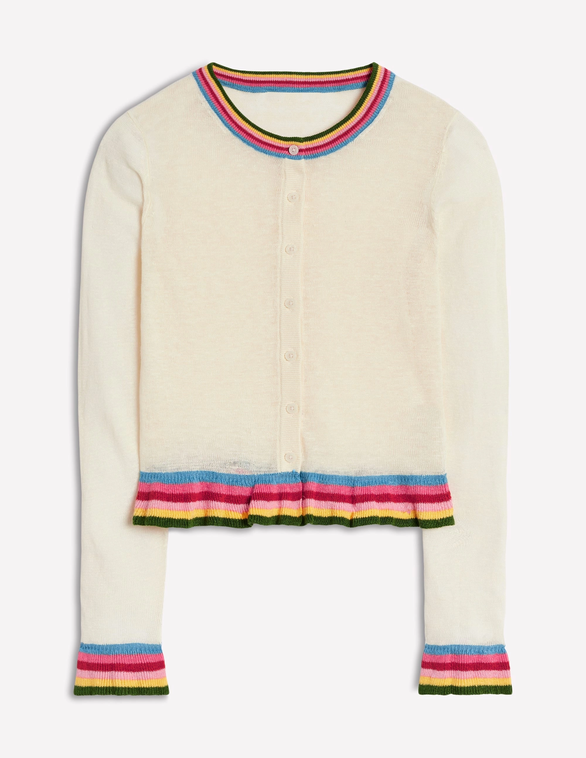 Josie Cropped Linen Cardigan-Warm Ivory. Multi Stripe