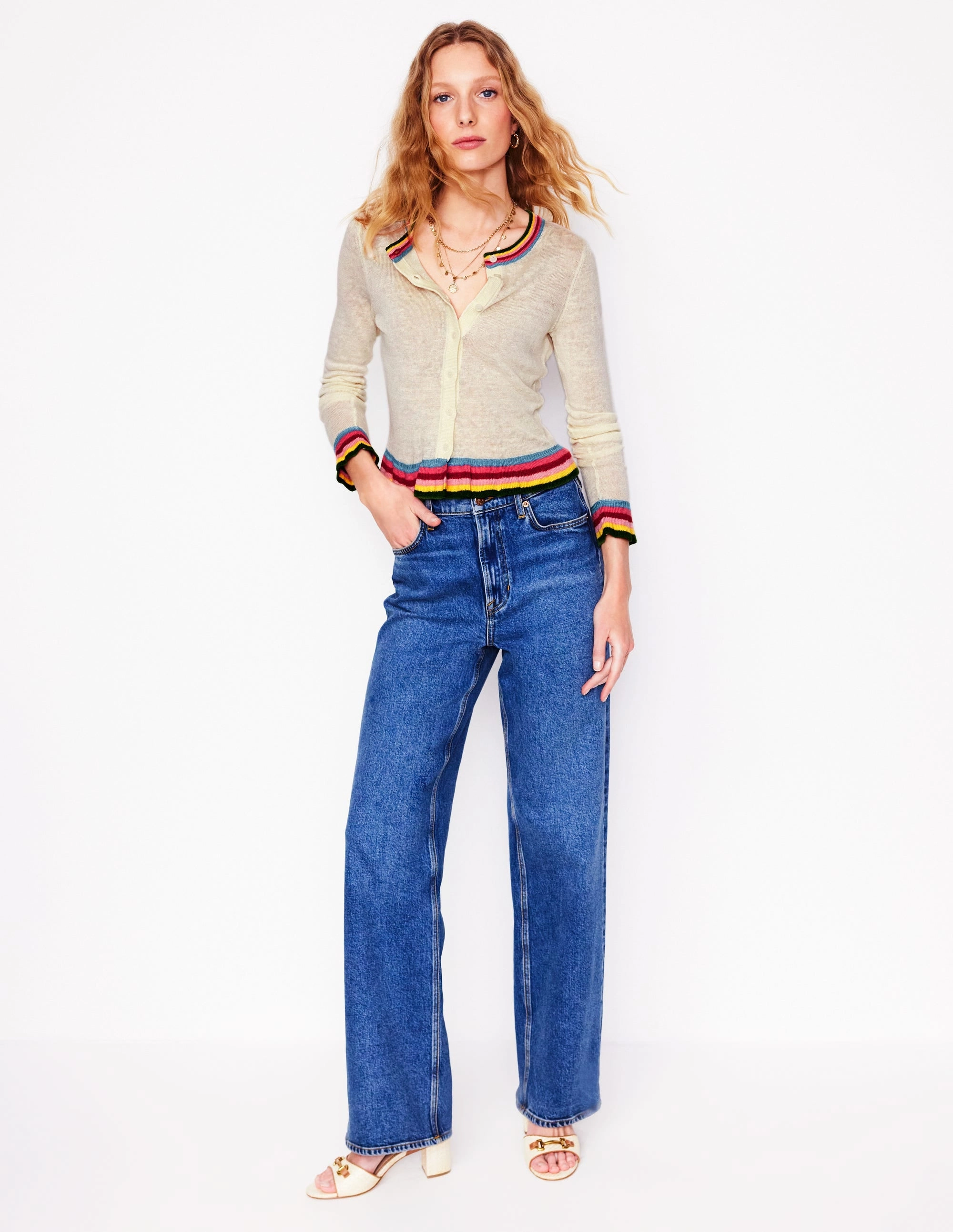 Josie Cropped Linen Cardigan-Warm Ivory. Multi Stripe