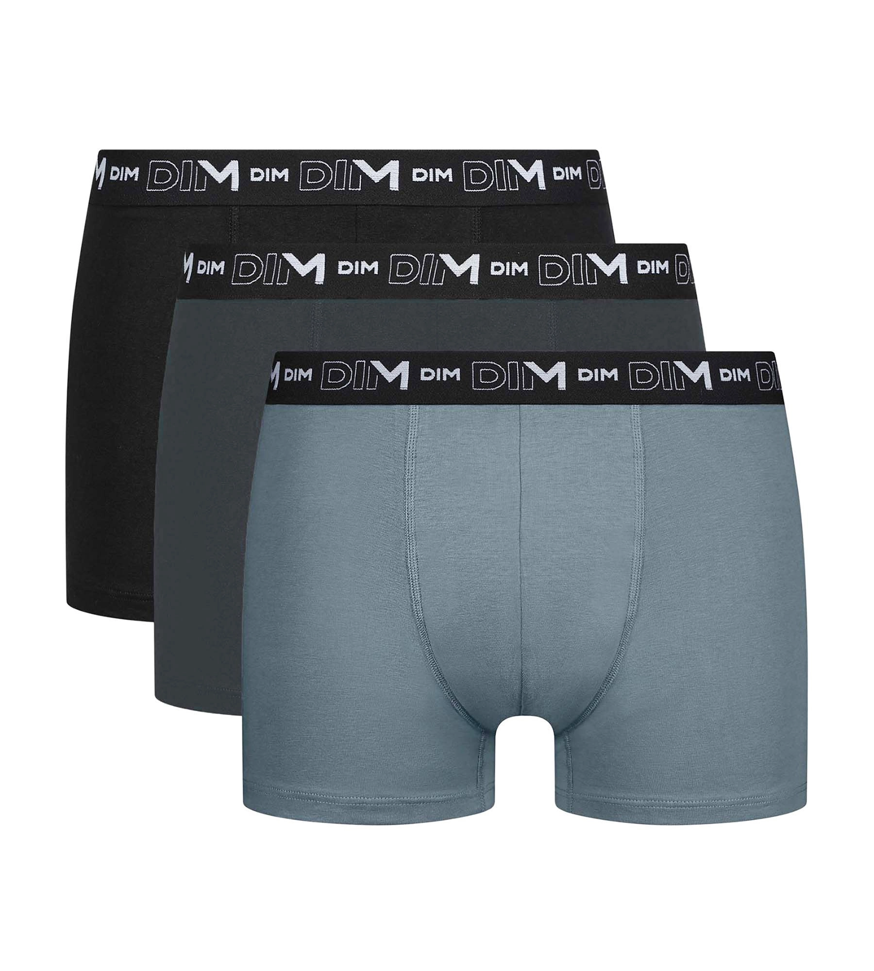 Lot de 3 Boxers homme Noir Gris ceinture contrastée Dim Coton Stretch