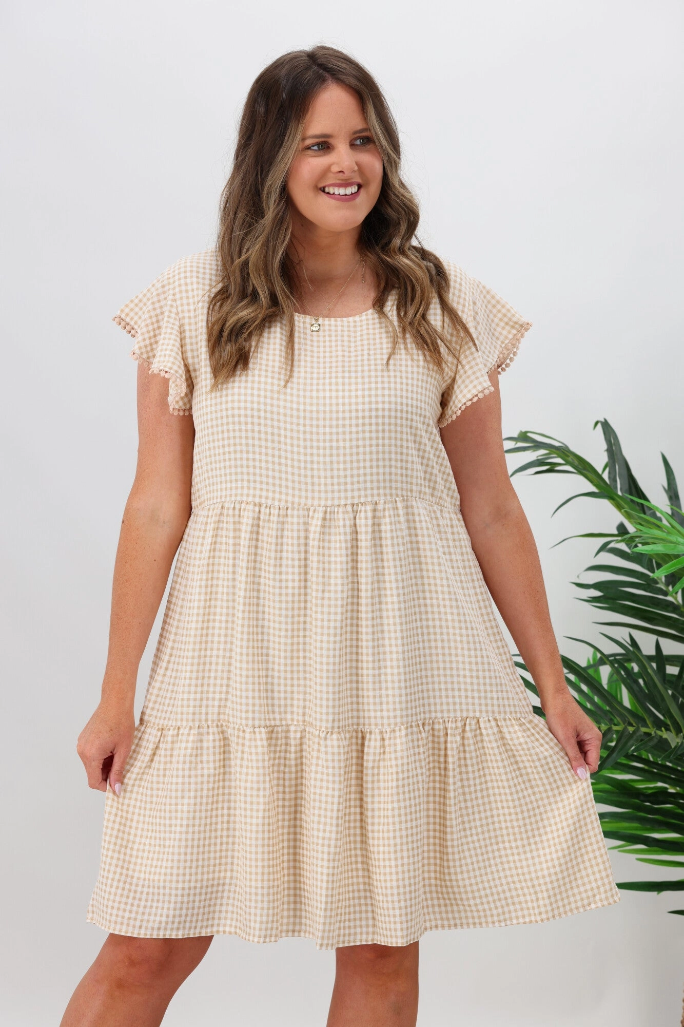Miracle Lace Trim Gingham Ruffle Dress Latte