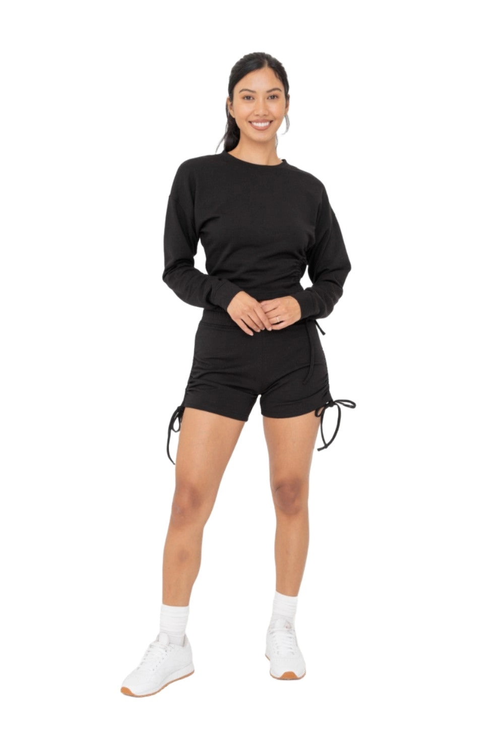 Mono B Fleece Side Cinch Long Sleeve Crewneck Top KTR12188