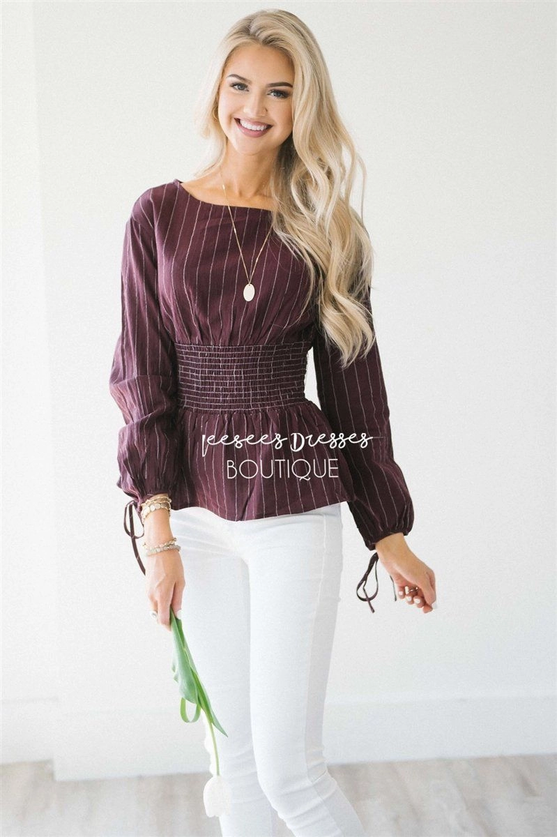 Pinstripe Cinched Waist Tie Sleeve Top