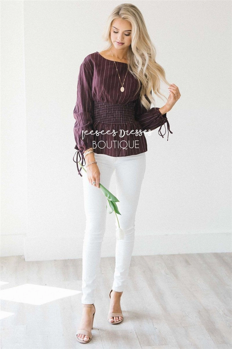 Pinstripe Cinched Waist Tie Sleeve Top
