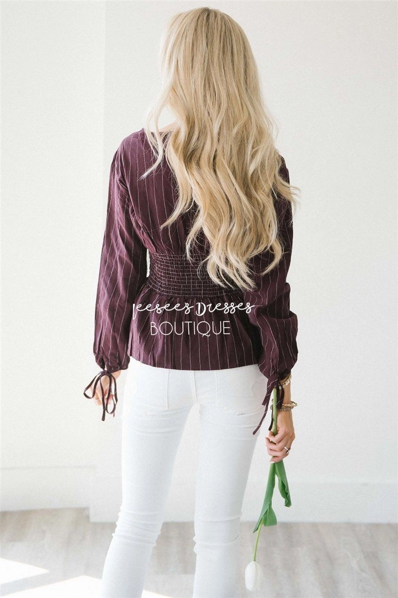 Pinstripe Cinched Waist Tie Sleeve Top
