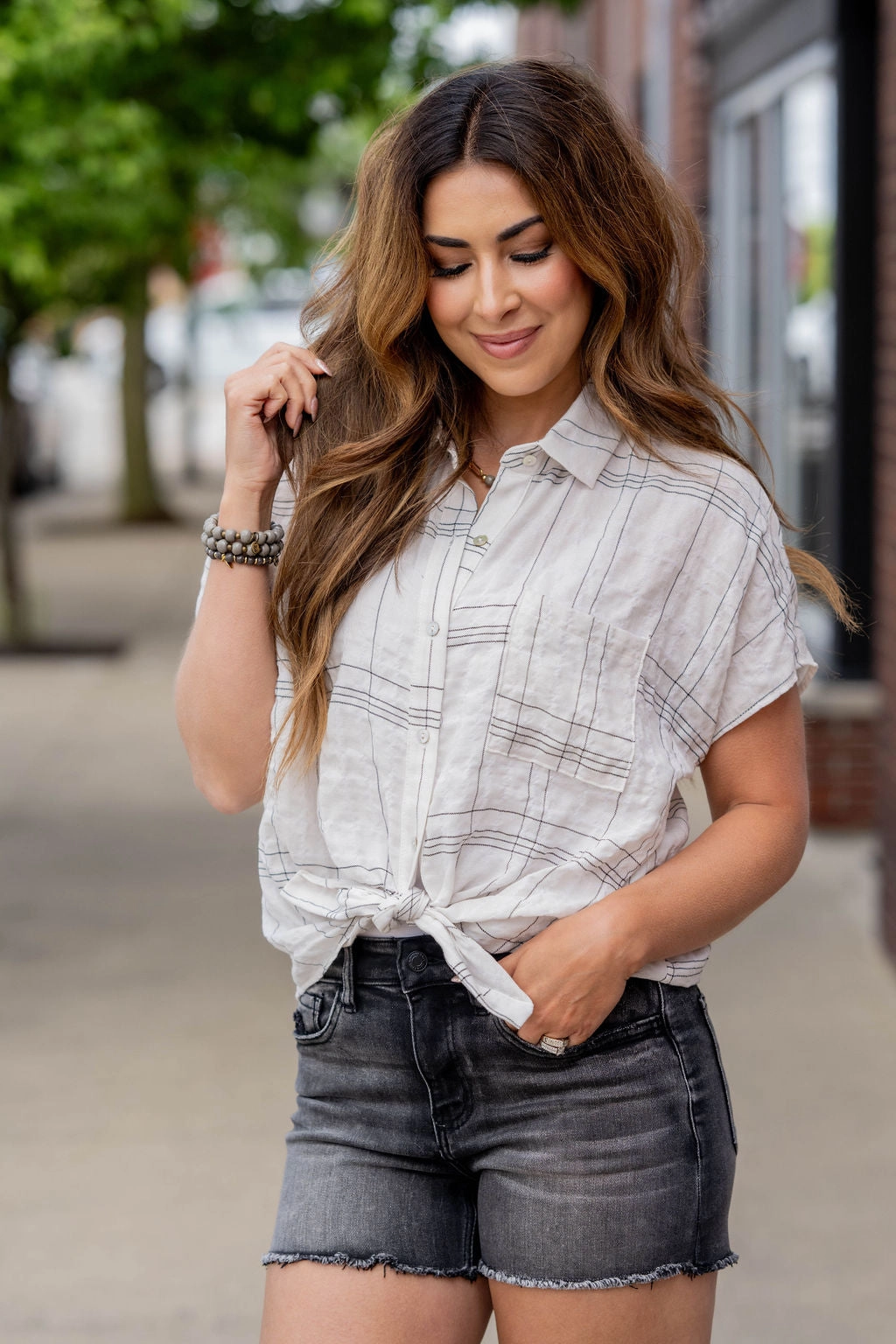 Plaid Tie Front Button Up Blouse