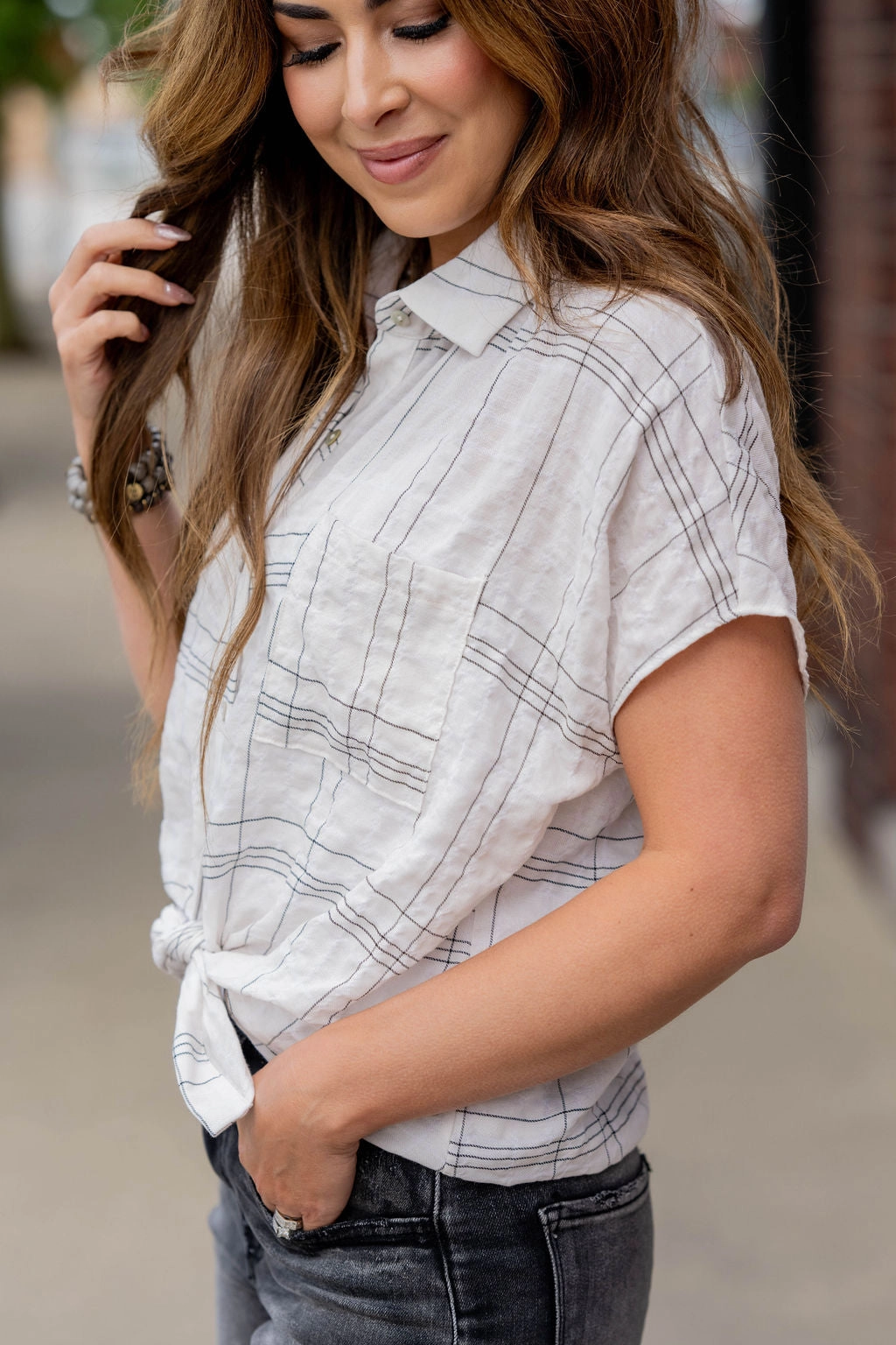 Plaid Tie Front Button Up Blouse