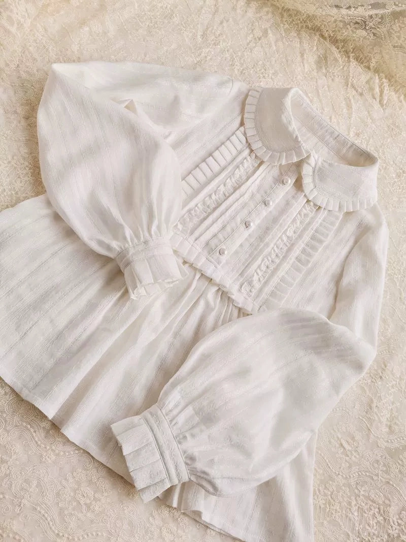 Pleated Collar Long Sleeve Cotton Blouse