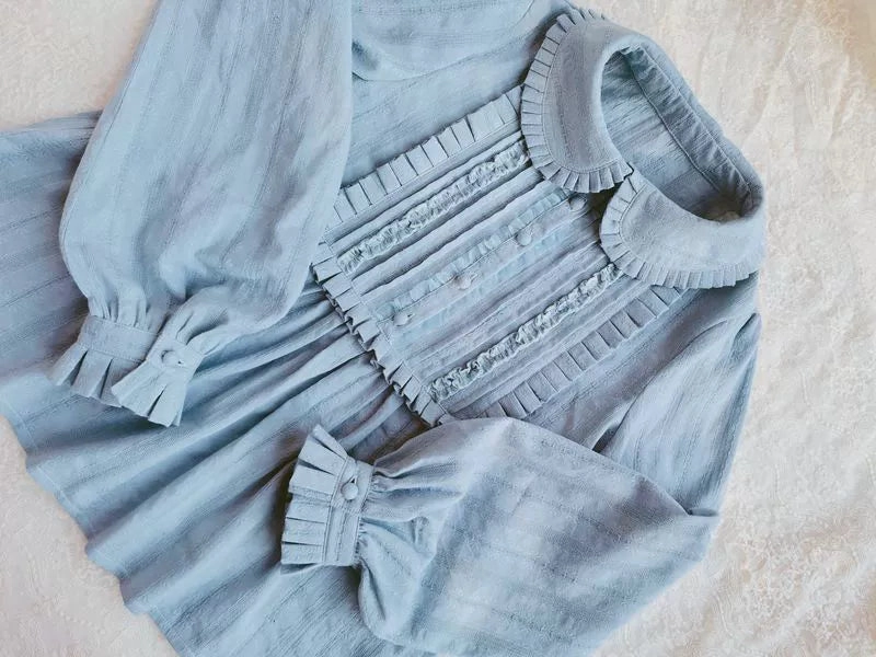 Pleated Collar Long Sleeve Cotton Blouse