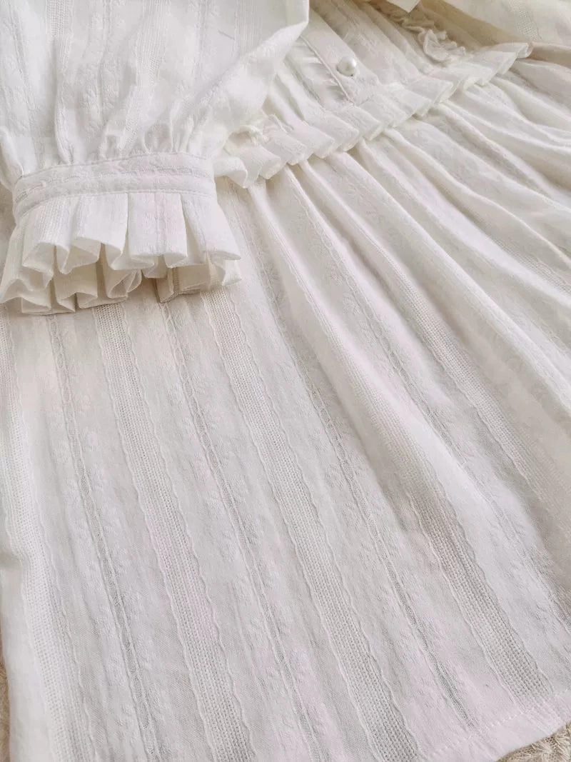 Pleated Collar Long Sleeve Cotton Blouse