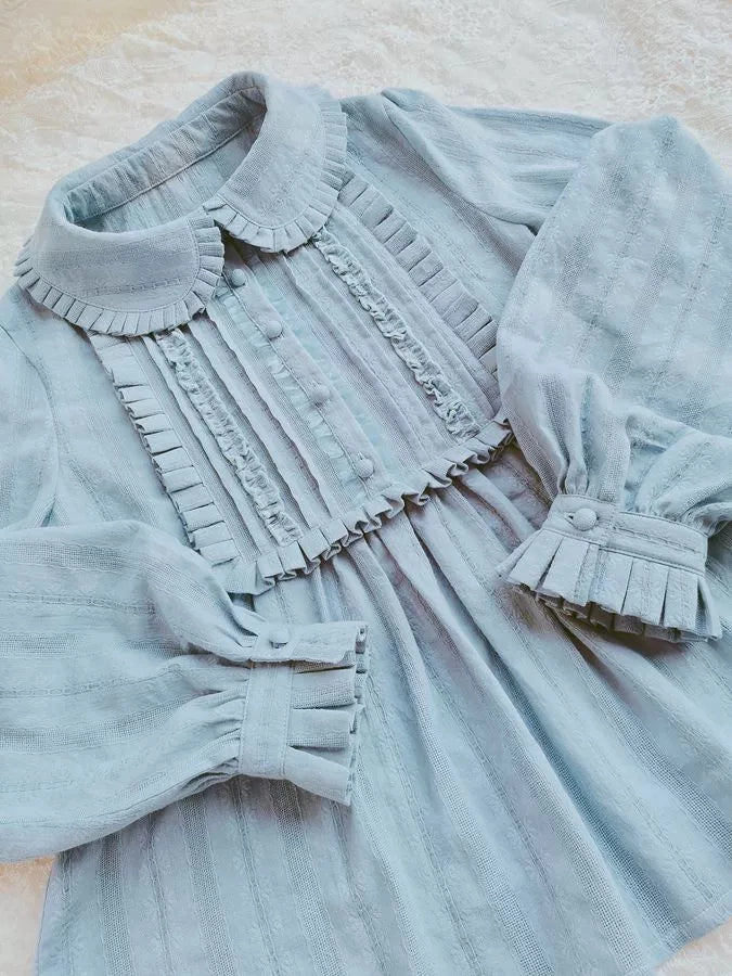 Pleated Collar Long Sleeve Cotton Blouse